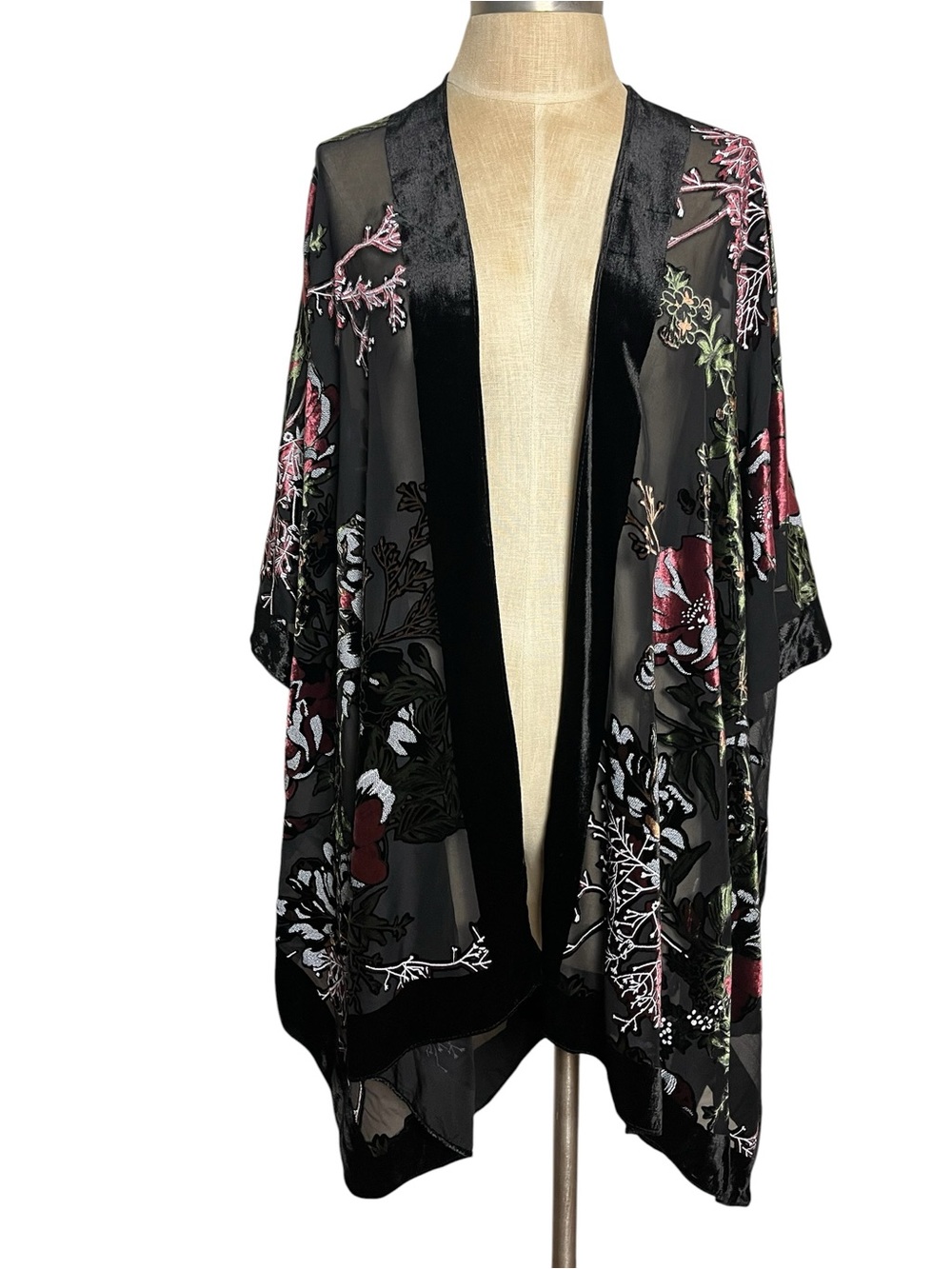 Saachi Ione Velvet Burnout Ruana Black Floral Kimono Jacket Cover Up OS